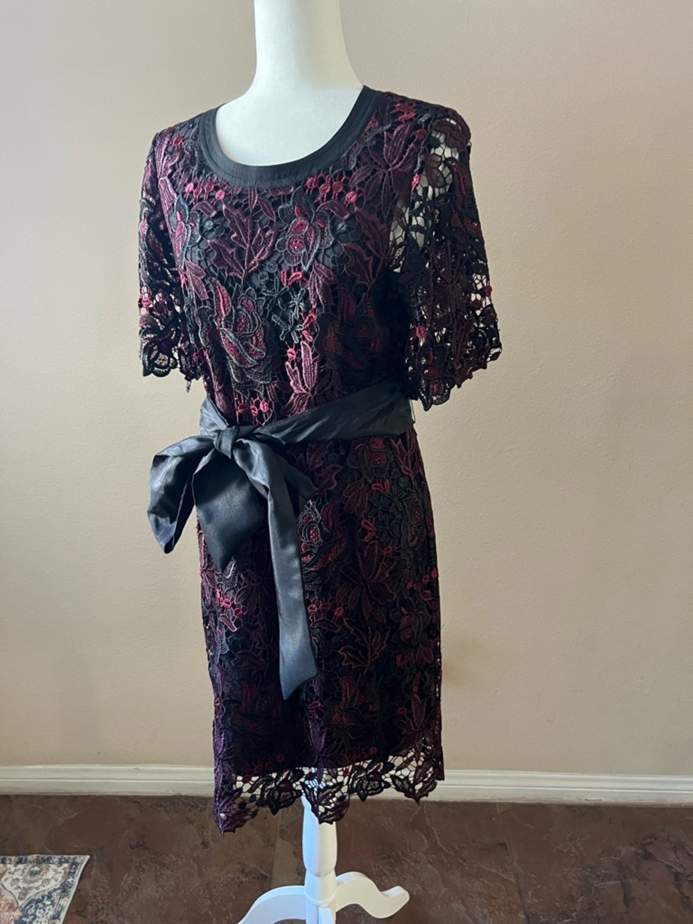Floral Lace Midi Dress with Satin Sash in Black and Burgundy